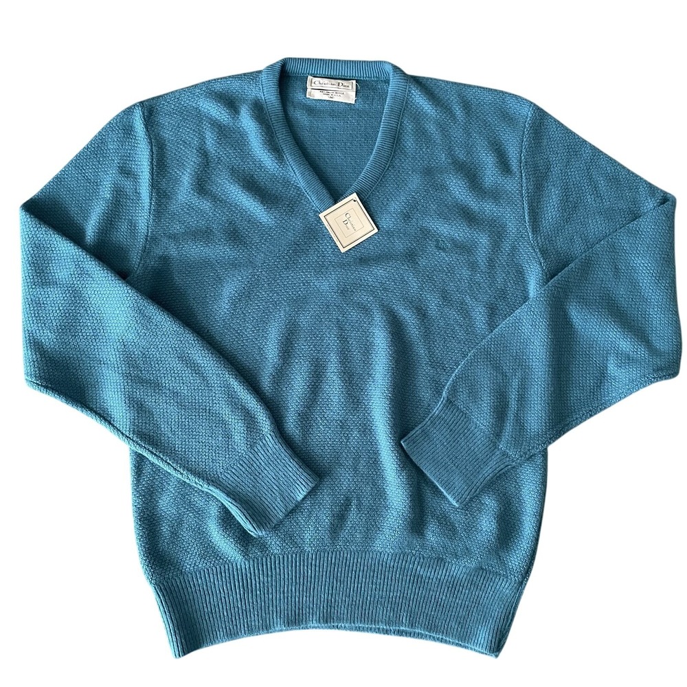 Christian Dior Teal Blue Sweater Men Size M 100% Orlon Acrylic‎ VTG Made In USA